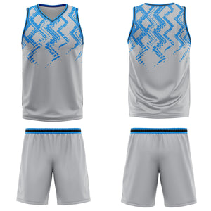 Uniforme de baloncesto personalizado en gris y azul con tu logotipo-nombre y número impresos