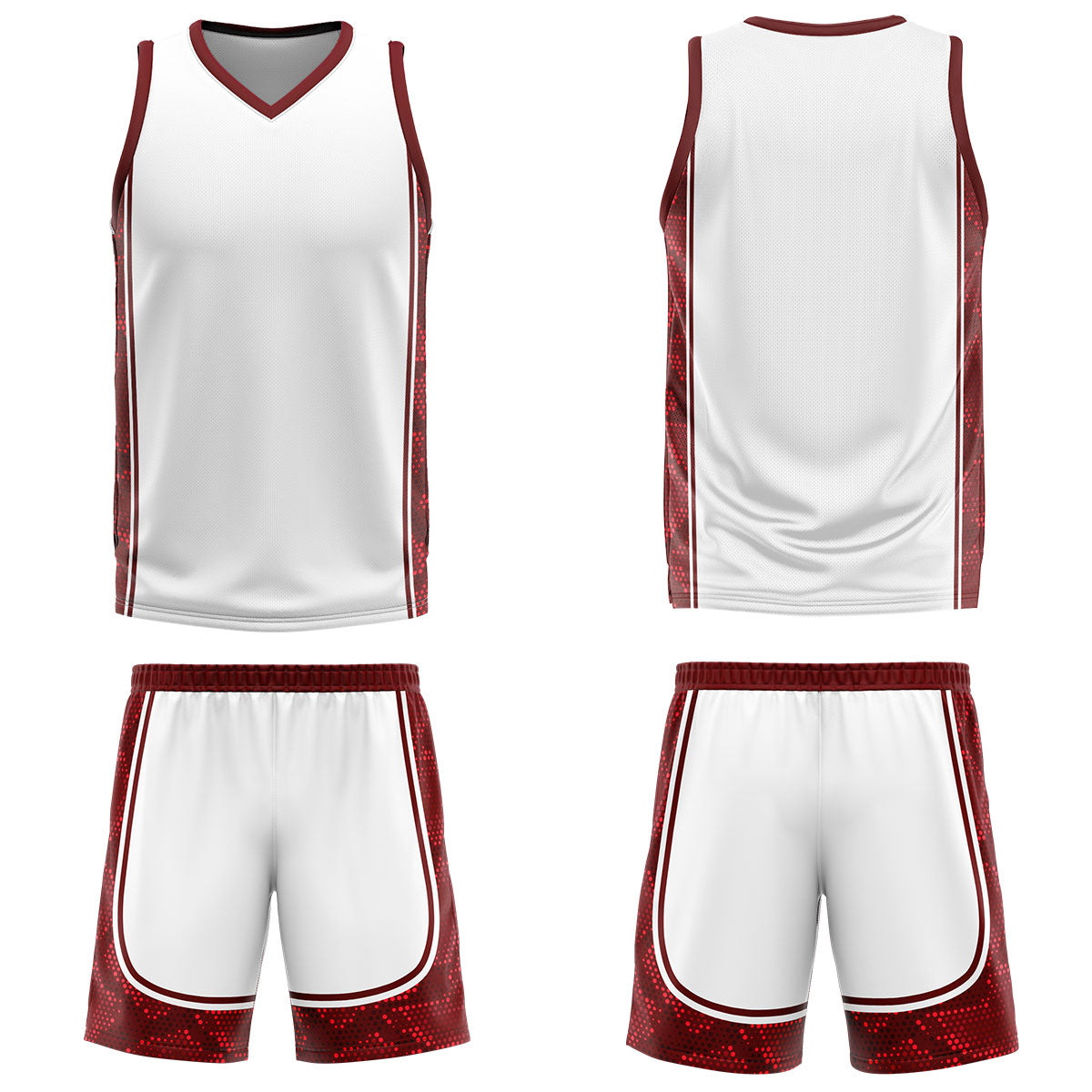 Uniforme de baloncesto personalizado blanco y rojo oscuro con tu logotipo-nombre y número impresos