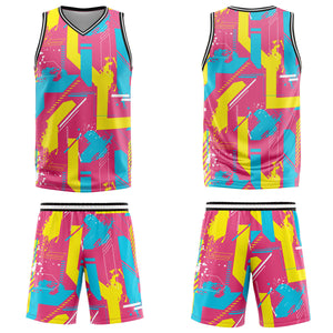 Uniforme de baloncesto rosa y amarillo con diseño geométrico personalizado-estampado con tu logotipo-nombre y número