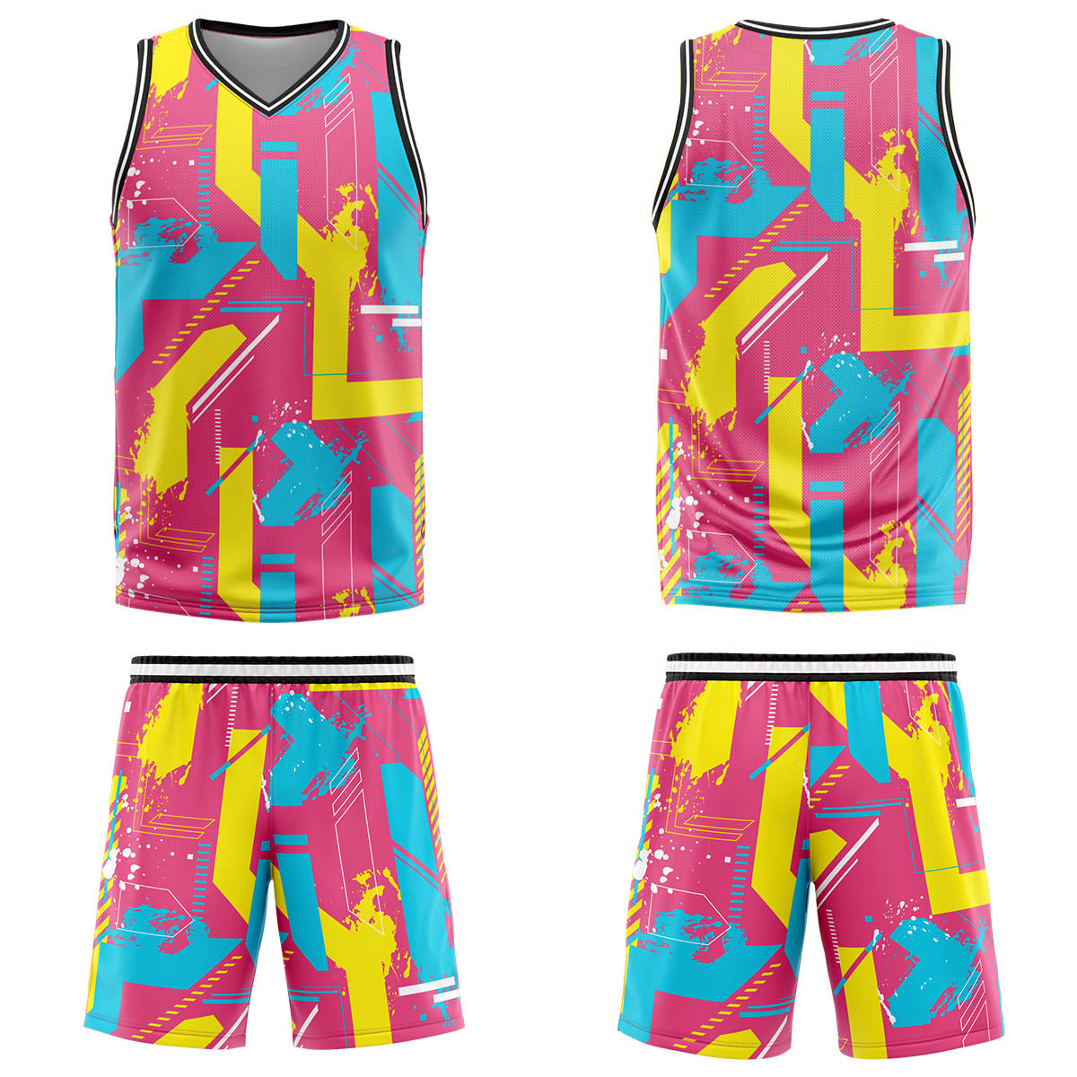 Uniforme de baloncesto rosa y amarillo con diseño geométrico personalizado-estampado con tu logotipo-nombre y número