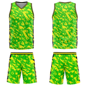 Uniforme de baloncesto personalizado verde y amarillo roto con tu logotipo-nombre y número impresos