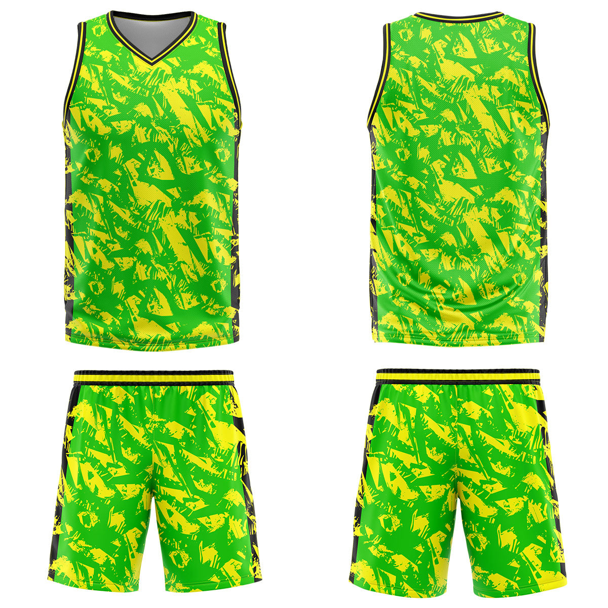 Uniforme de baloncesto personalizado verde y amarillo roto con tu logotipo-nombre y número impresos