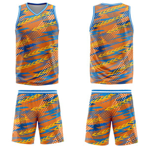 Uniforme de baloncesto personalizado naranja y azul con tu logotipo-nombre y número impresos