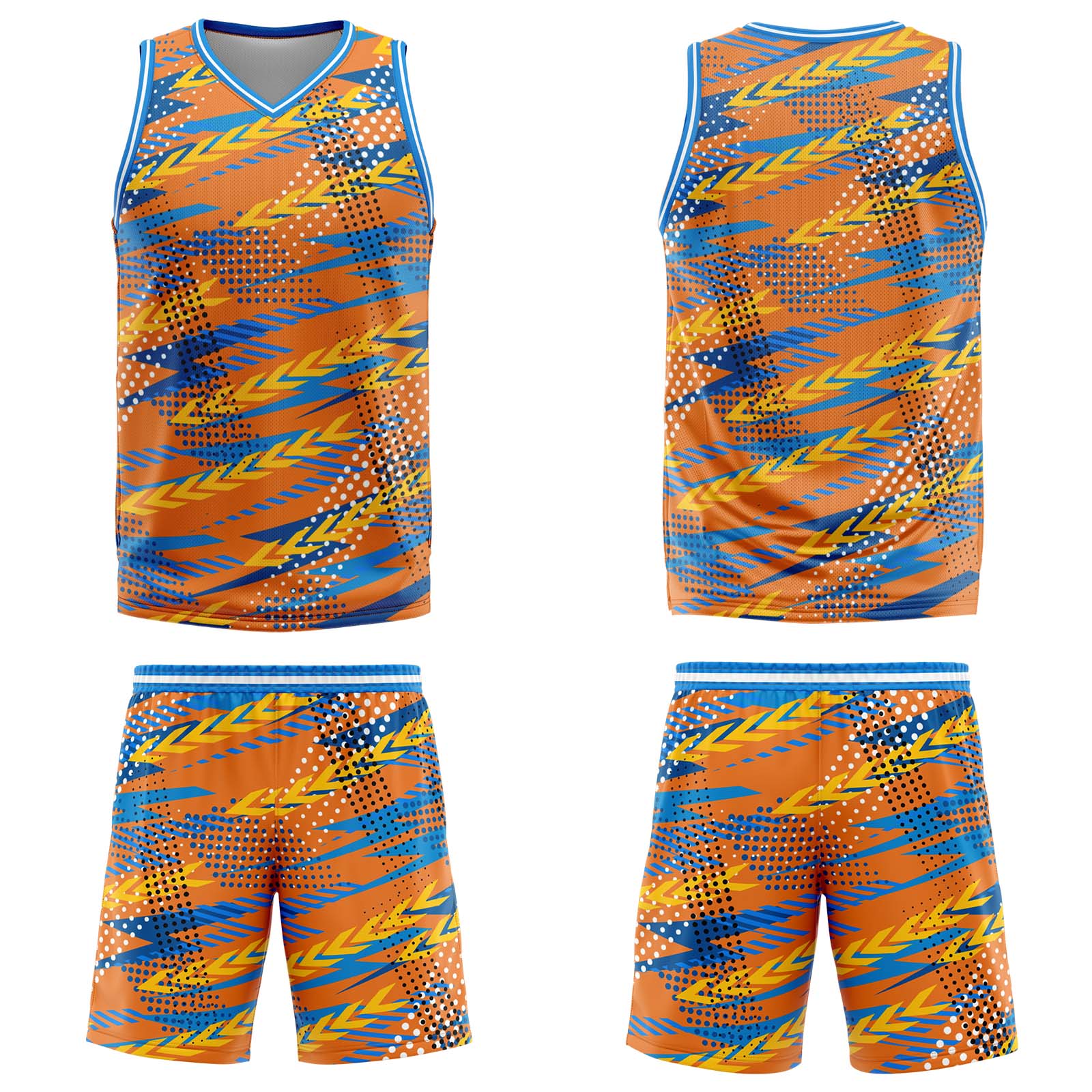 Uniforme de baloncesto personalizado naranja y azul con tu logotipo-nombre y número impresos