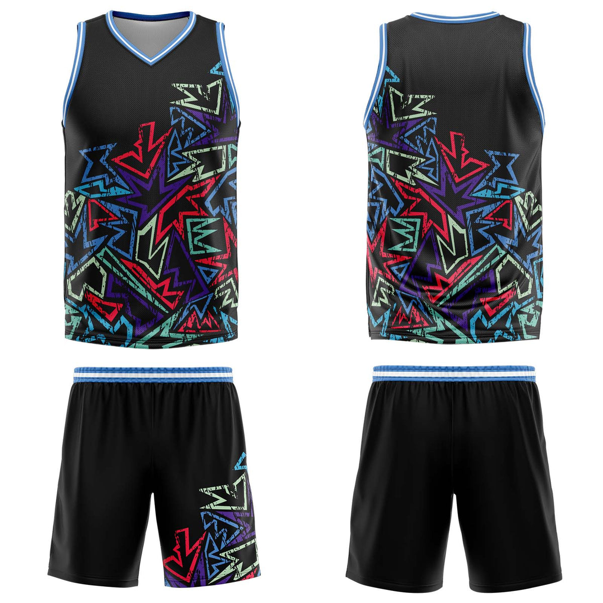 Uniforme de baloncesto azul con diseño geométrico personalizado y dañado-impreso con tu logotipo-nombre y número