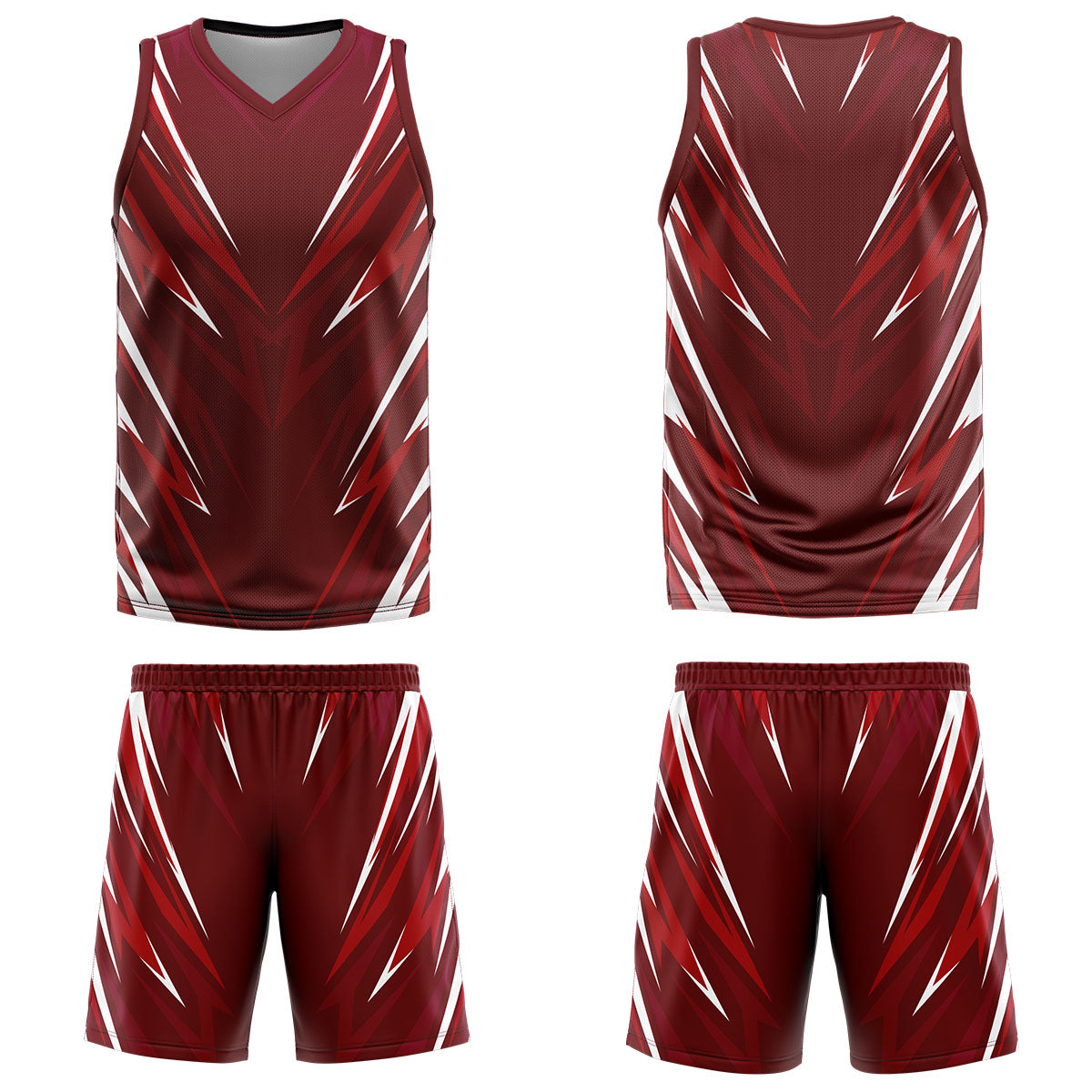 Uniforme de baloncesto personalizado con triángulo rojo oscuro y estampado de tu logotipo-nombre y número