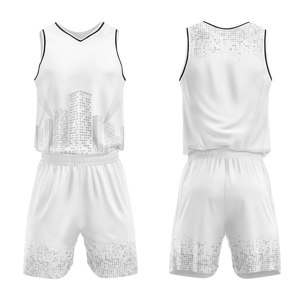Uniforme de baloncesto personalizado con vista nocturna blanca-impreso con su logotipo-nombre y número