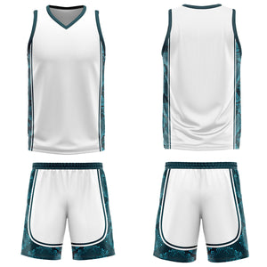 Uniforme de baloncesto personalizado blanco y verde oscuro con tu logotipo-nombre y número impresos