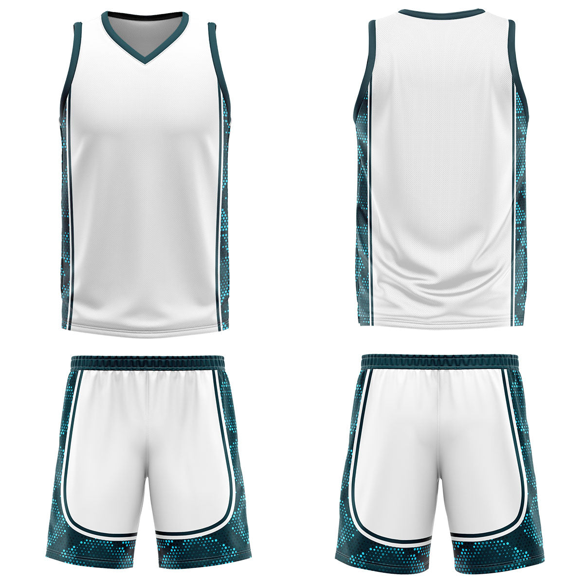 Uniforme de baloncesto personalizado blanco y verde oscuro con tu logotipo-nombre y número impresos