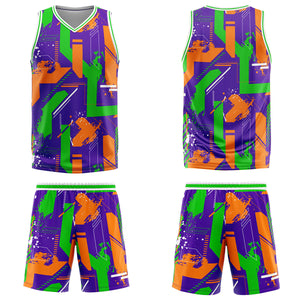 Uniforme de baloncesto personalizado de geometría púrpura y naranja con tu logotipo-nombre y número impresos