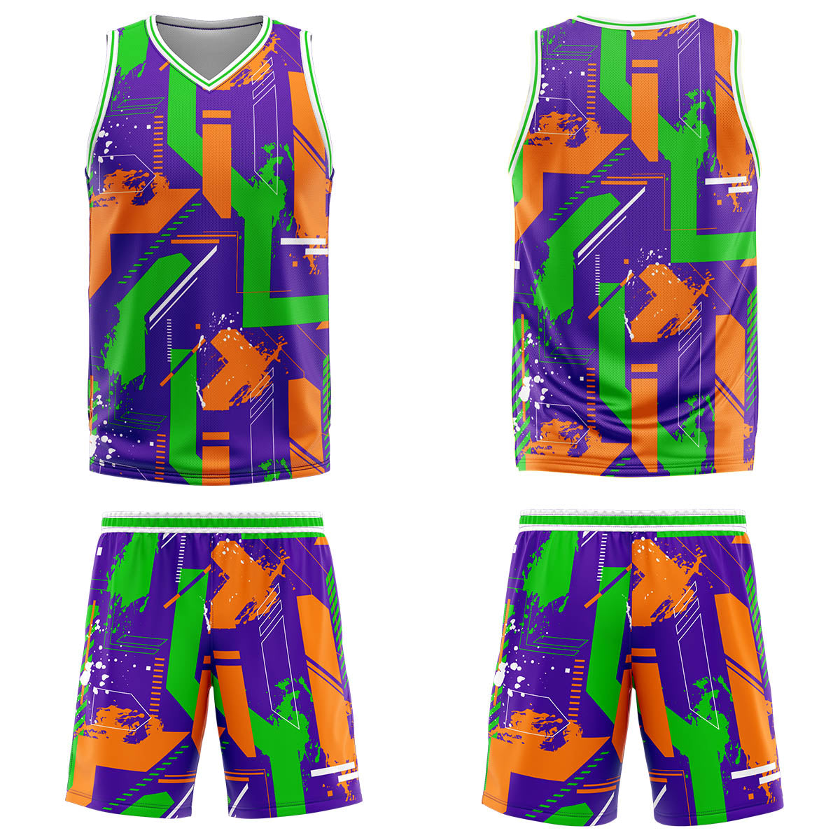 Uniforme de baloncesto personalizado de geometría púrpura y naranja con tu logotipo-nombre y número impresos