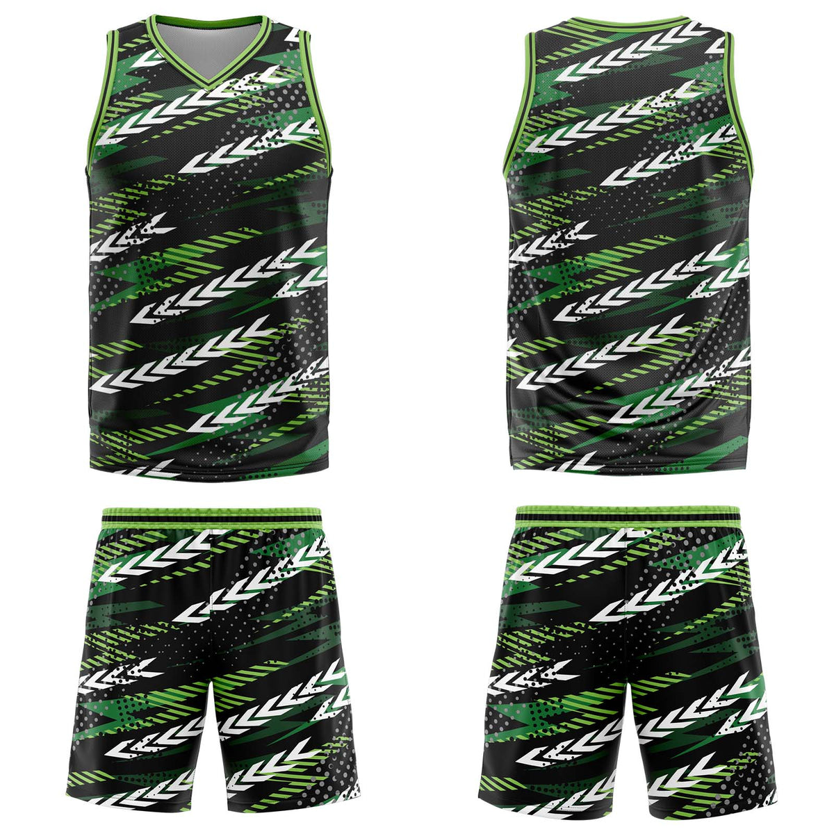 Uniforme de baloncesto personalizado en negro y verde con tu logotipo-nombre y número impresos