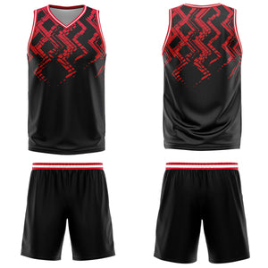 Uniforme de baloncesto personalizado en negro y rojo con tu logotipo-nombre y número impresos