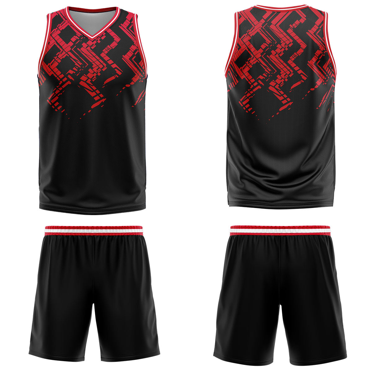 Uniforme de baloncesto personalizado en negro y rojo con tu logotipo-nombre y número impresos