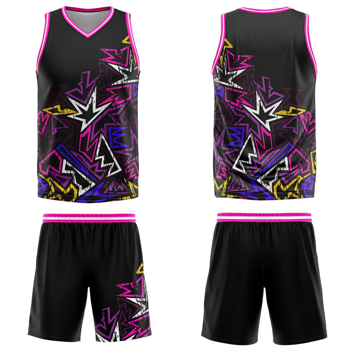 Uniforme de baloncesto rosa con geometría dañada personalizada-estampado con tu logotipo-nombre y número