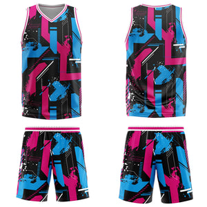 Uniforme de baloncesto rosa y azul claro con diseño geométrico personalizado-estampado con tu logotipo-nombre y número