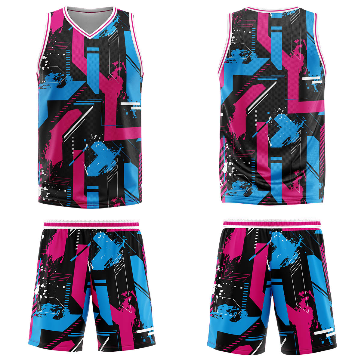 Uniforme de baloncesto rosa y azul claro con diseño geométrico personalizado-estampado con tu logotipo-nombre y número