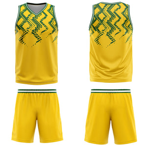 Uniforme de baloncesto personalizado amarillo y verde con tu logotipo-nombre y número impresos