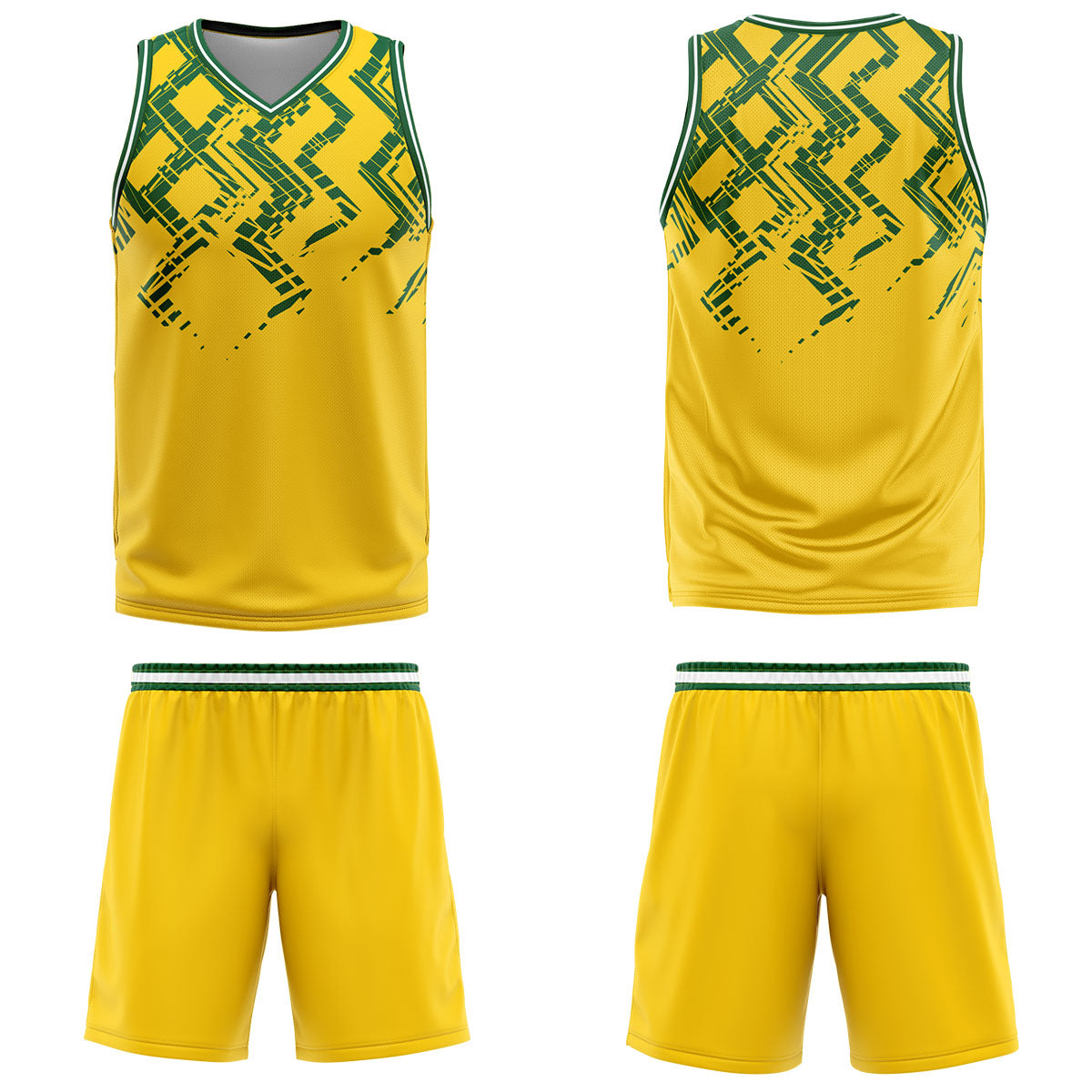 Uniforme de baloncesto personalizado amarillo y verde con tu logotipo-nombre y número impresos