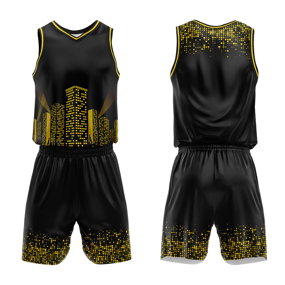 Uniforme de baloncesto personalizado con vista nocturna negra-estampado con tu logotipo-nombre y número