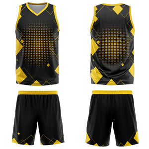 Uniforme de baloncesto amarillo con diseño geométrico personalizado-estampado con tu logotipo-nombre y número