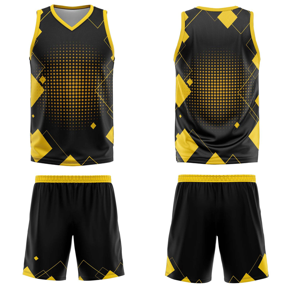 Uniforme de baloncesto amarillo con diseño geométrico personalizado-estampado con tu logotipo-nombre y número