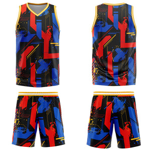 Uniforme de baloncesto rojo royal con geometría personalizada-estampado con tu logotipo-nombre y número