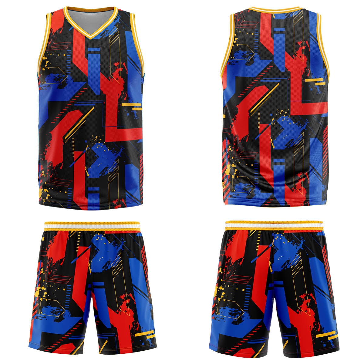 Uniforme de baloncesto rojo royal con geometría personalizada-estampado con tu logotipo-nombre y número
