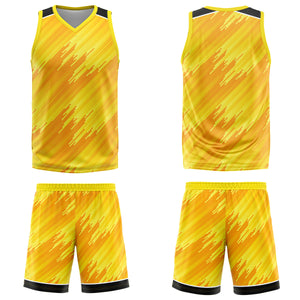 Uniforme de baloncesto amarillo personalizado tipo rayas con su logotipo-nombre y número impresos