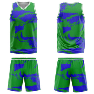 Uniforme de baloncesto personalizado verde y azul con tu logotipo-nombre y número impresos