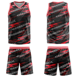 Uniforme de baloncesto personalizado en negro y rojo con tu logotipo-nombre y número impresos