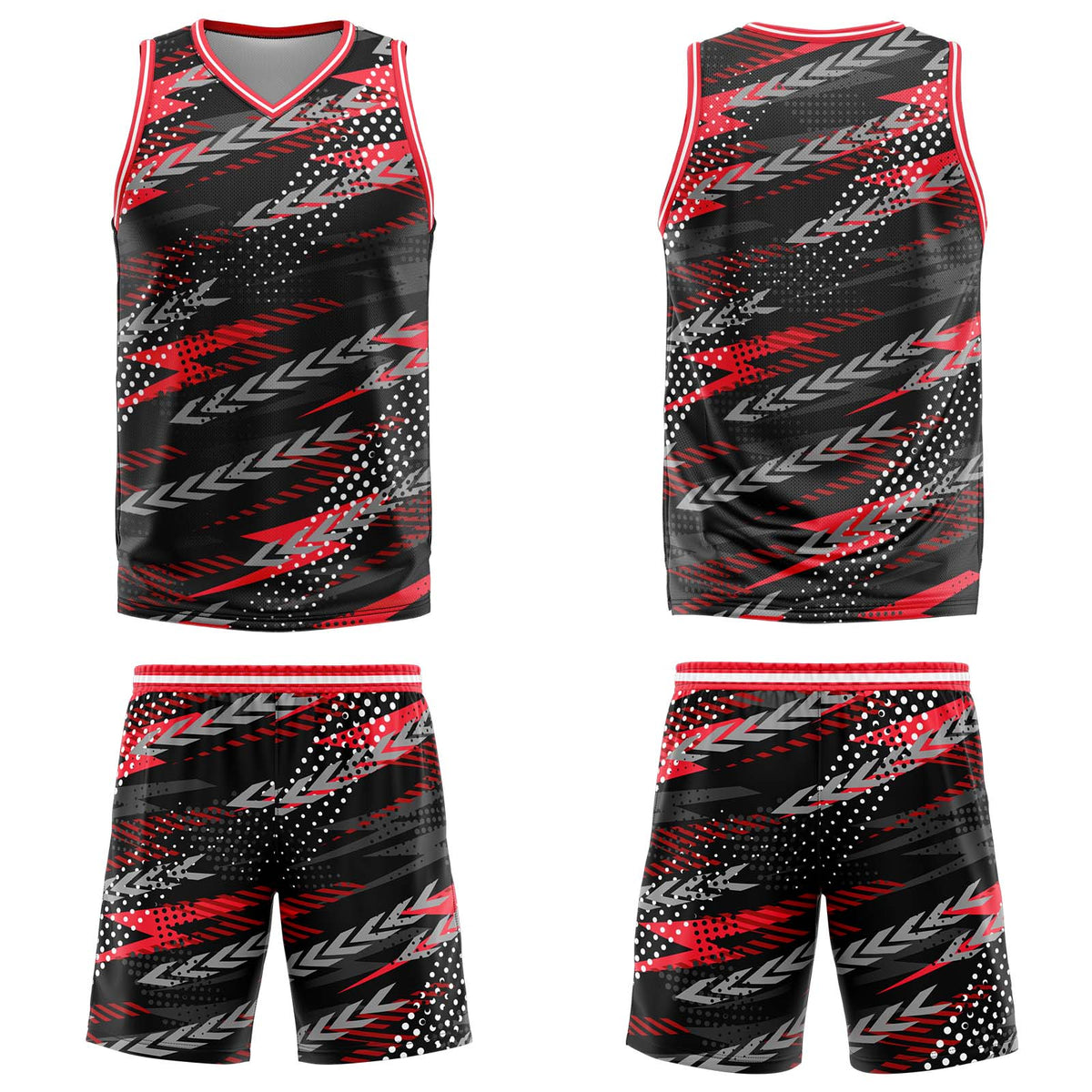 Uniforme de baloncesto personalizado en negro y rojo con tu logotipo-nombre y número impresos