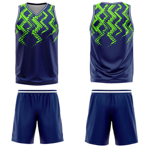 Uniforme de baloncesto personalizado azul marino verde neón con tu logotipo-nombre y número impresos