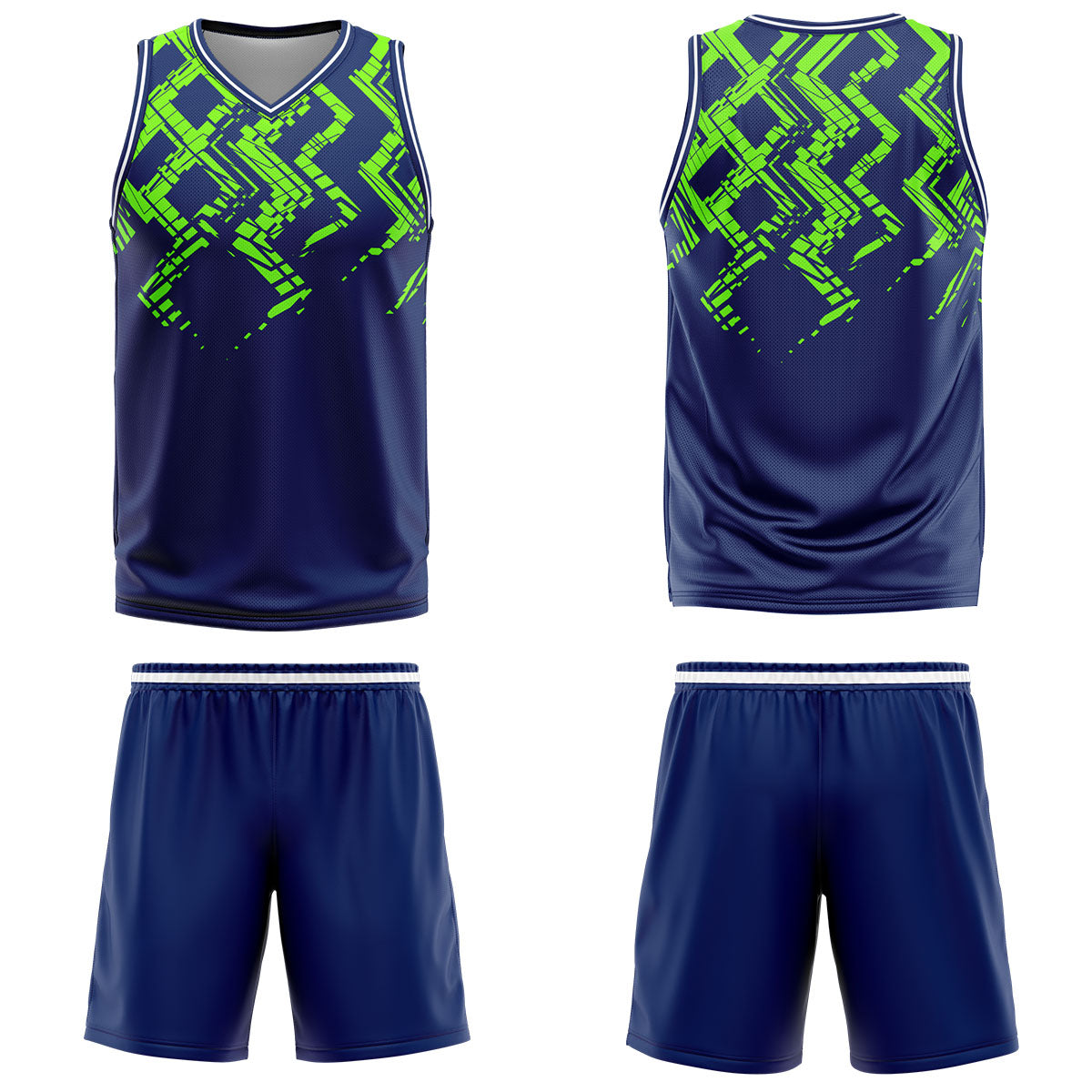 Uniforme de baloncesto personalizado azul marino verde neón con tu logotipo-nombre y número impresos