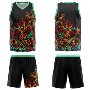 Uniforme de baloncesto verde con geometría dañada personalizada-impreso con tu logotipo-nombre y número