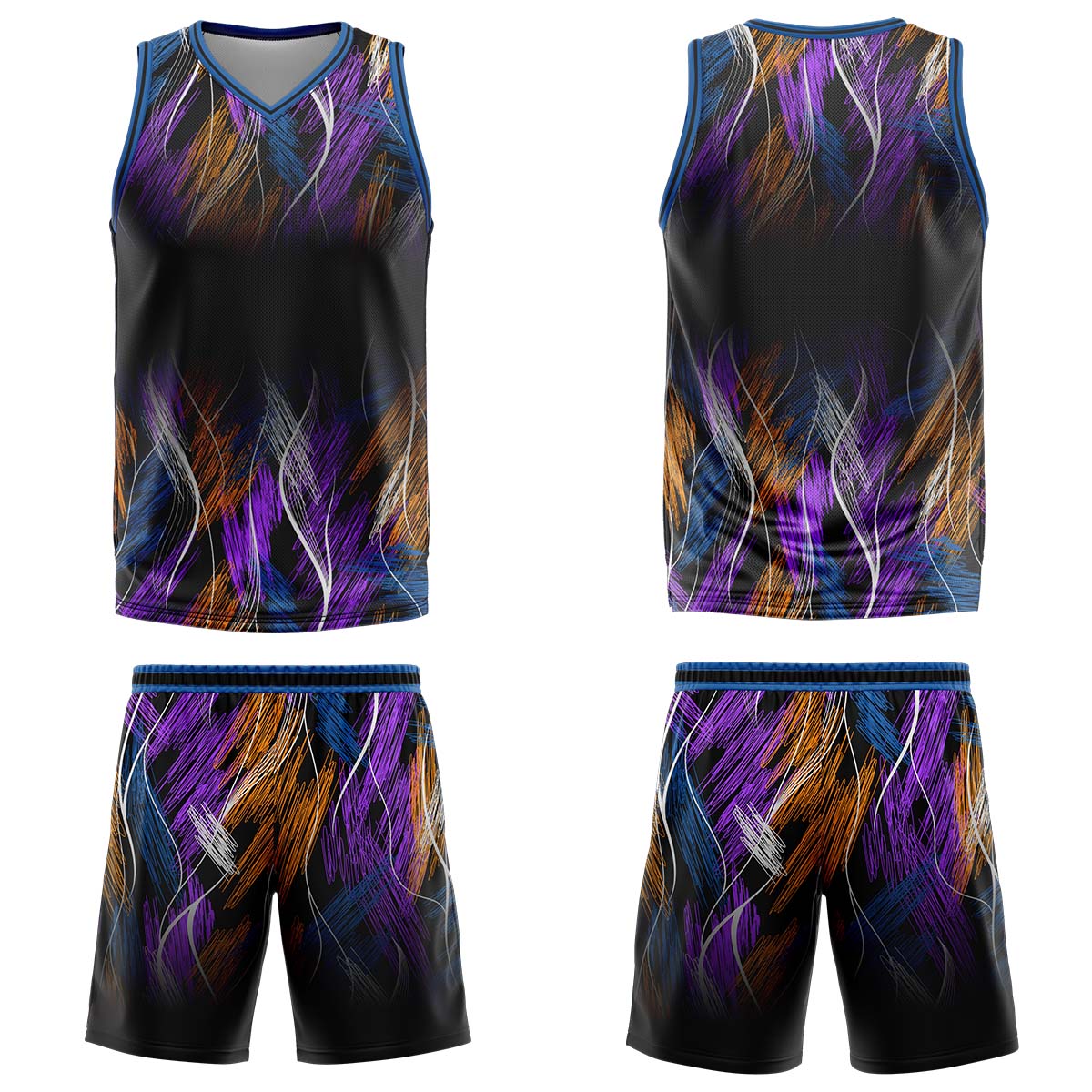 Uniforme de baloncesto personalizado en negro y azul con tu logotipo-nombre y número impresos