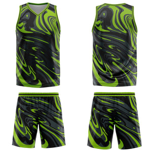Uniforme de baloncesto personalizado en verde fluido y negro con tu logotipo-nombre y número impresos