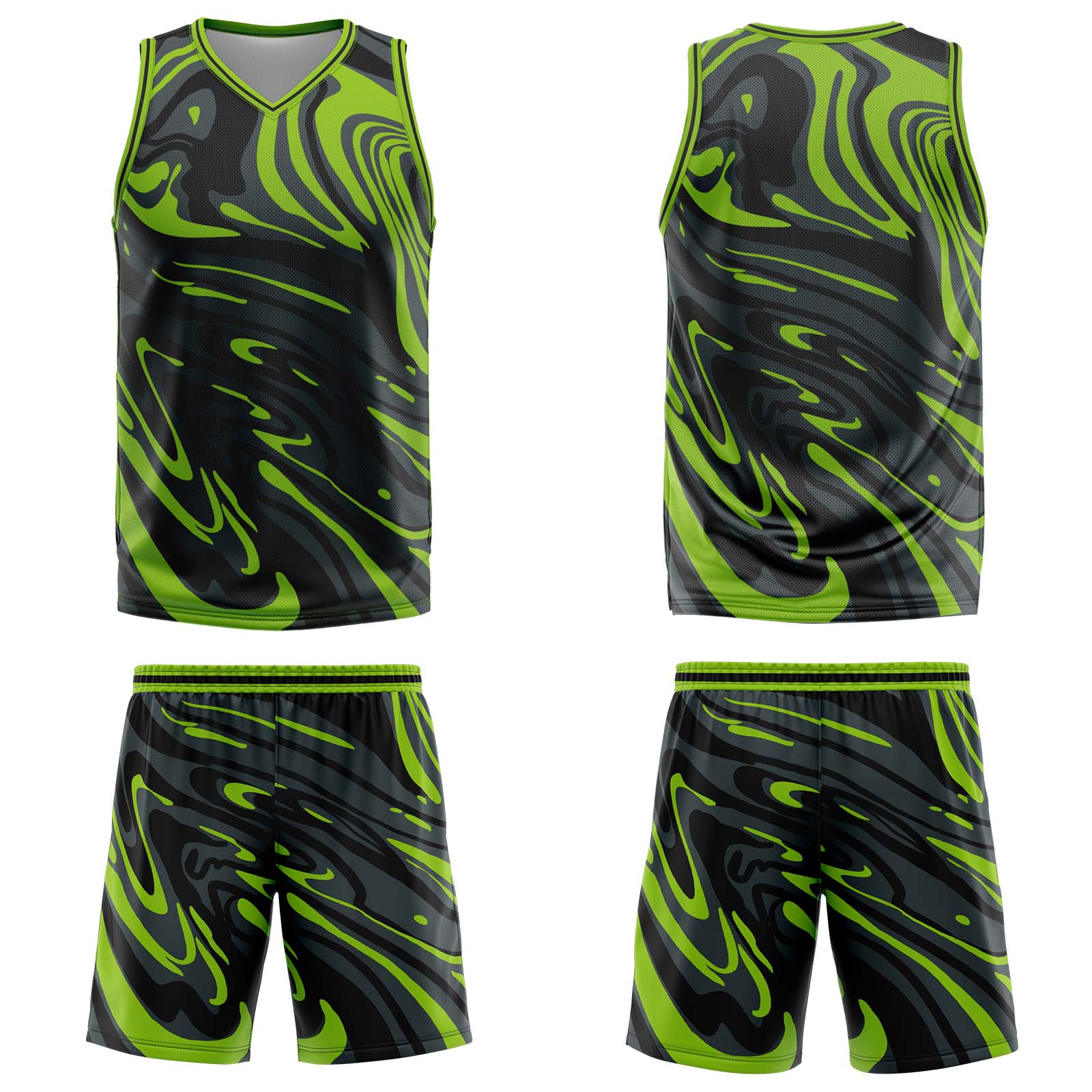 Uniforme de baloncesto personalizado en verde fluido y negro con tu logotipo-nombre y número impresos