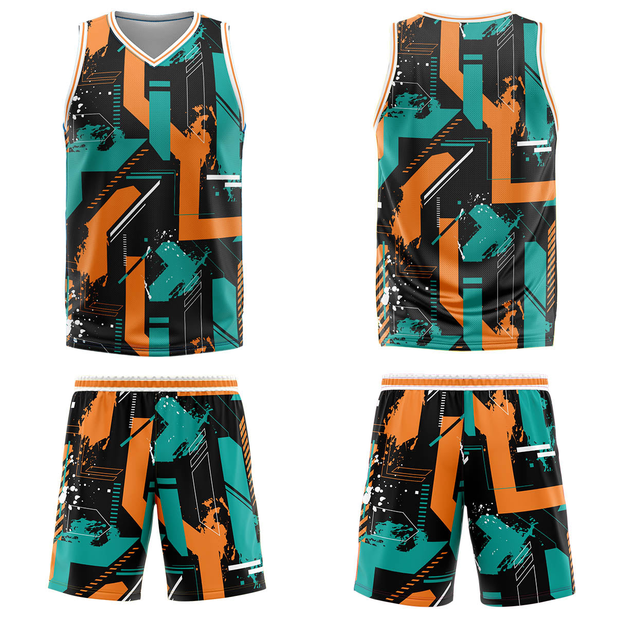 Uniforme de baloncesto personalizado Geometría Aqua Naranja con tu logotipo-nombre y número impresos