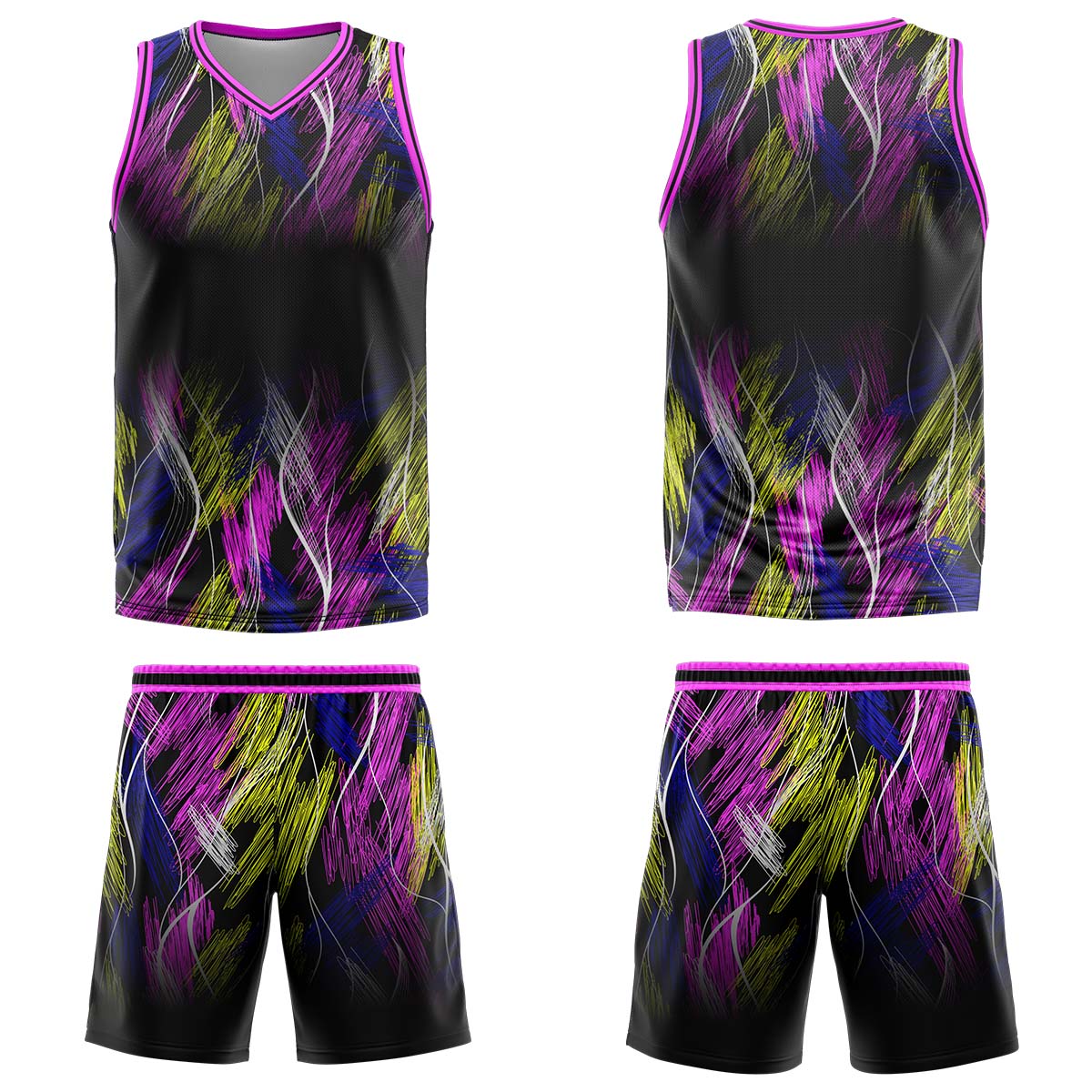 Uniforme de baloncesto personalizado en negro y rosa con tu logotipo-nombre y número impresos
