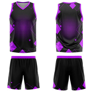 Uniforme de baloncesto morado con diseño geométrico personalizado-estampado con tu logotipo-nombre y número