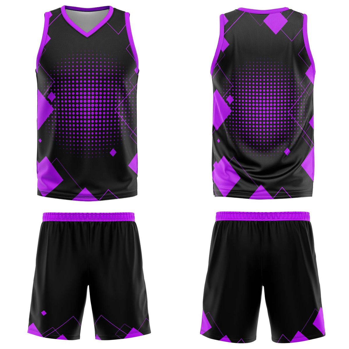 Uniforme de baloncesto morado con diseño geométrico personalizado-estampado con tu logotipo-nombre y número