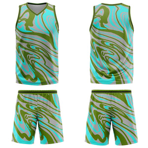 Uniforme de baloncesto personalizado en verde y gris fluido con tu logotipo-nombre y número impresos