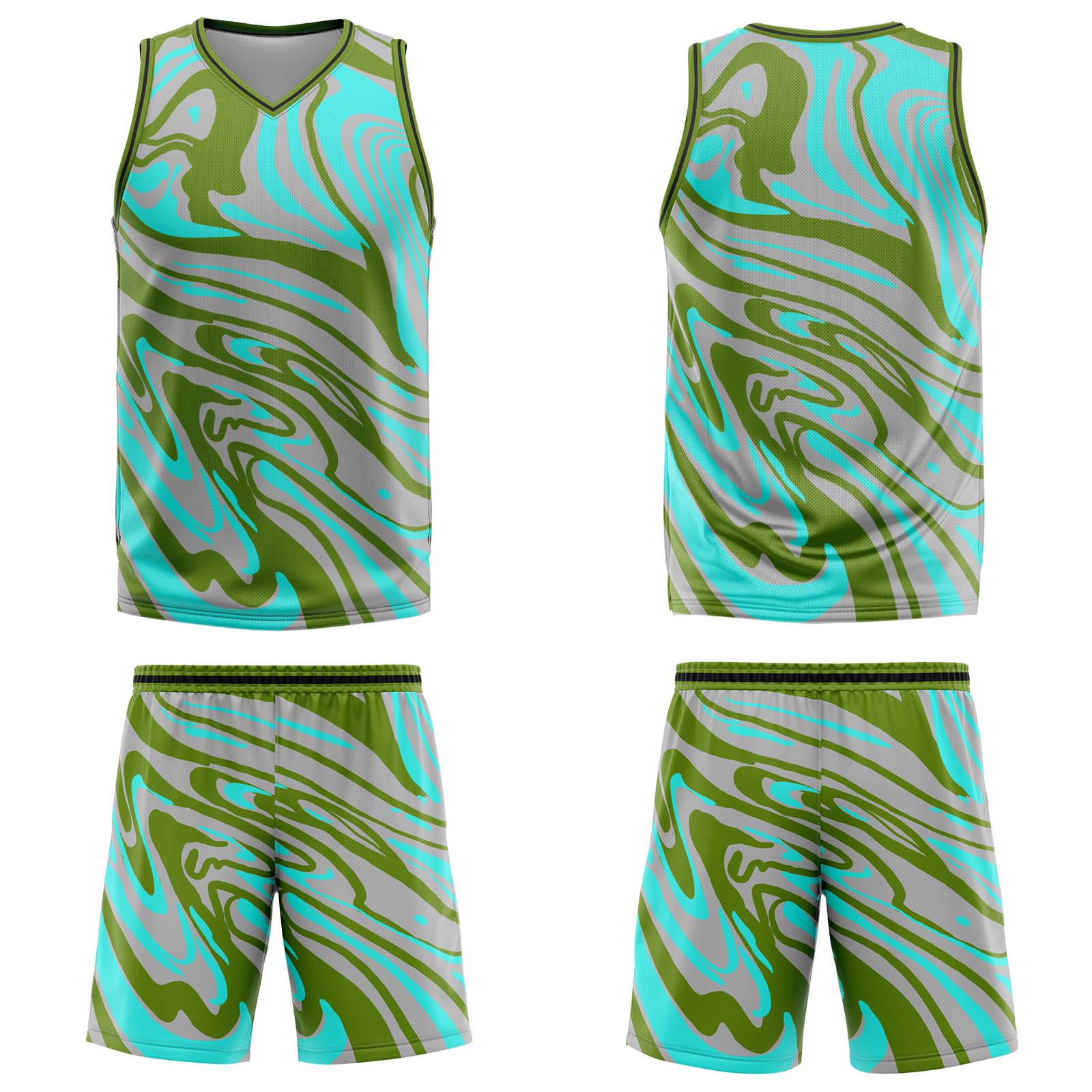 Uniforme de baloncesto personalizado en verde y gris fluido con tu logotipo-nombre y número impresos