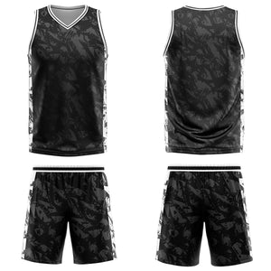 Uniforme de baloncesto personalizado negro y gris roto con tu logotipo-nombre y número impresos