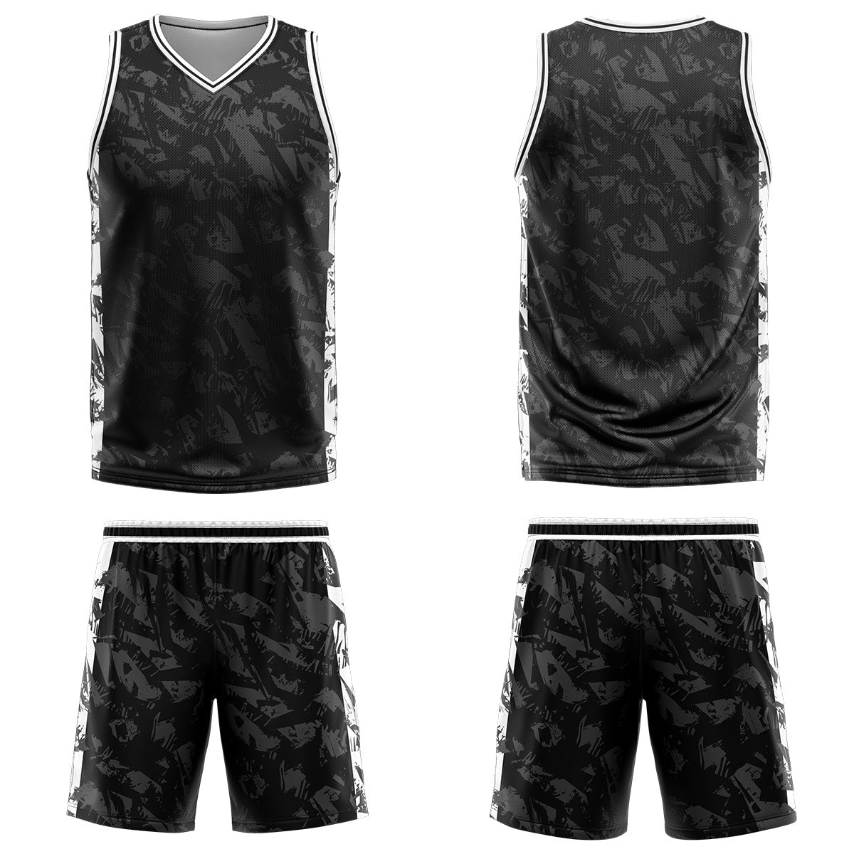 Uniforme de baloncesto personalizado negro y gris roto con tu logotipo-nombre y número impresos