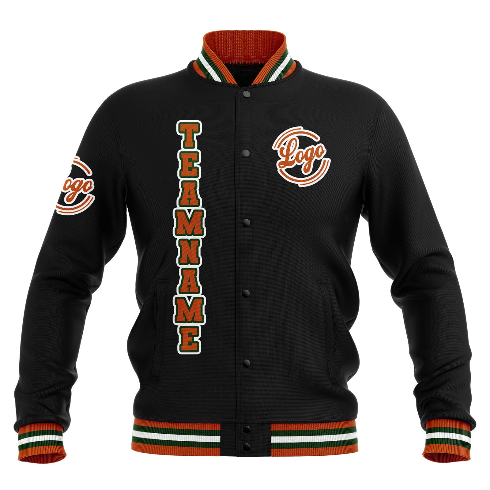 Chaquetas universitarias impermeables personalizadas en negro-naranja y verde con nombre-número y logotipo bordados