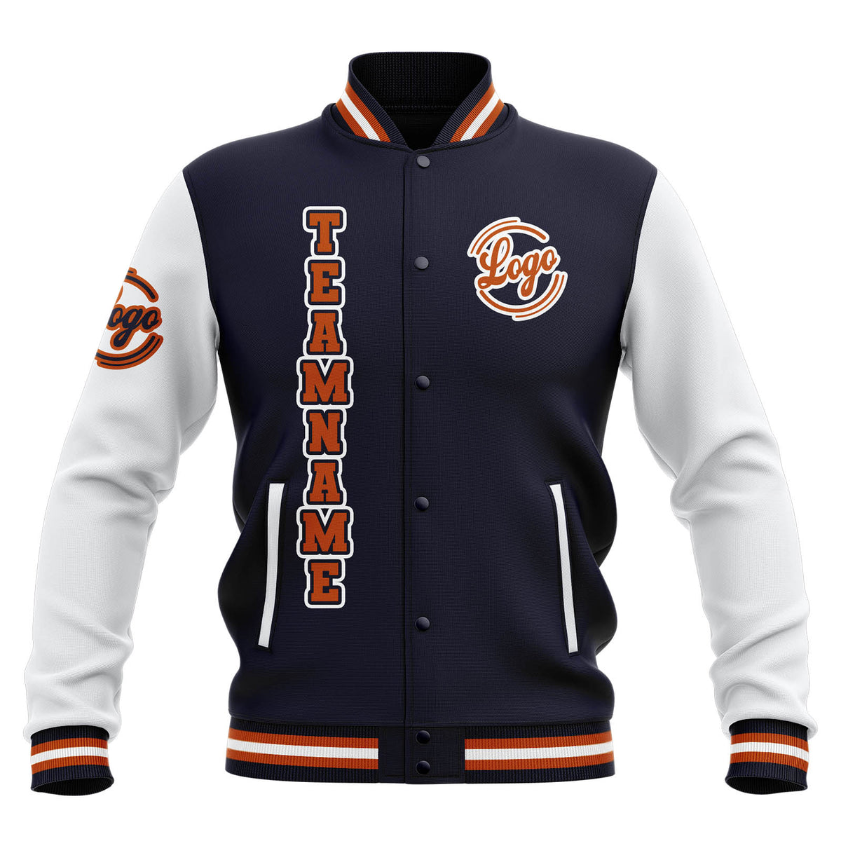 Chaquetas universitarias impermeables personalizadas en azul marino-blanco y naranja con nombre-número y logotipo bordados