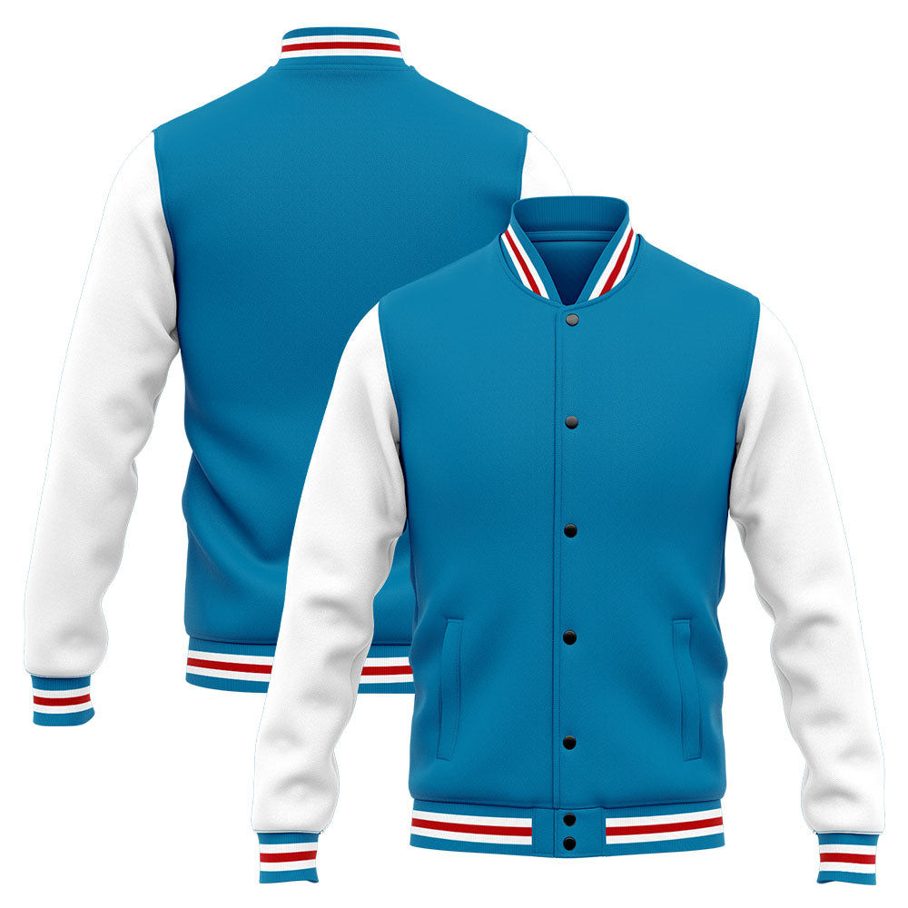 Chaqueta universitaria personalizada estilo Letterman para hombres-mujeres y jóvenes en azul-blanco y rojo