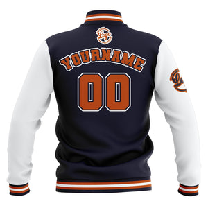 Chaquetas universitarias impermeables personalizadas en azul marino-blanco y naranja con nombre-número y logotipo bordados